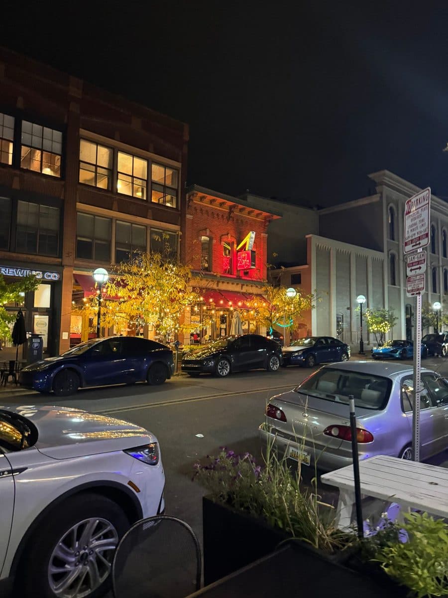 Downtown Ann Arbor street at night with string lights in the trees