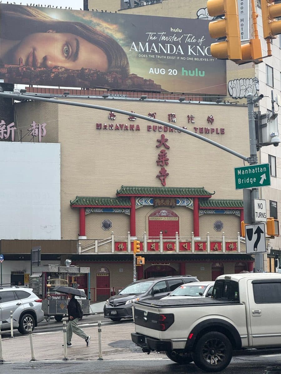 Mahayana Buddhist Temple on a rainy Chinatown street